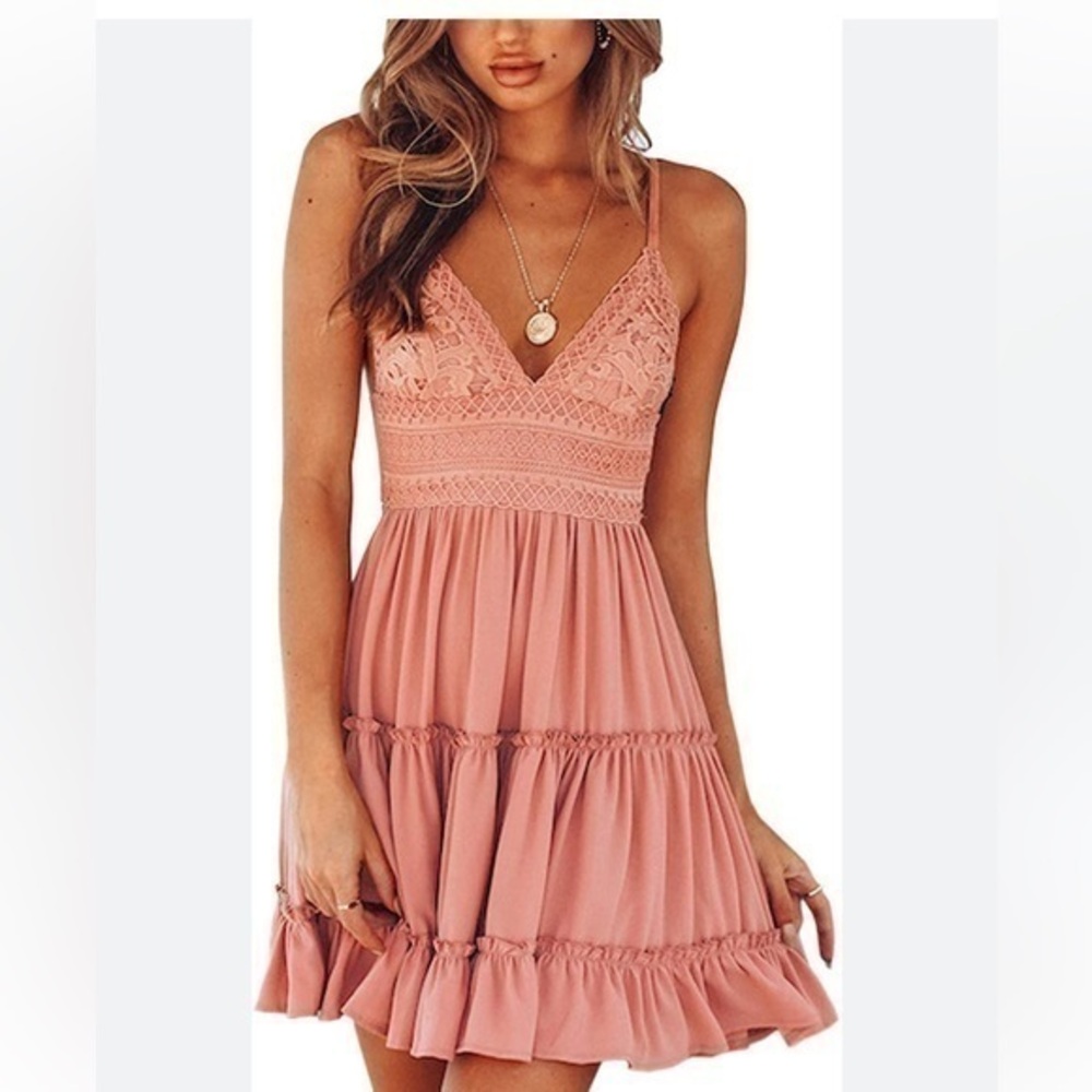 Ecowish crochet ruffle tiered bow back mini dress